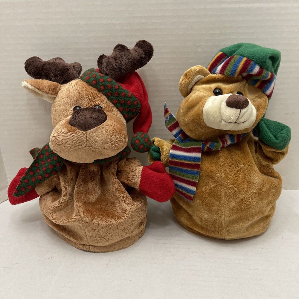 2 Caltoy Christmas Hand Puppets Teddy Bear Reindeer Plush 10 Inch Hat And Scarce